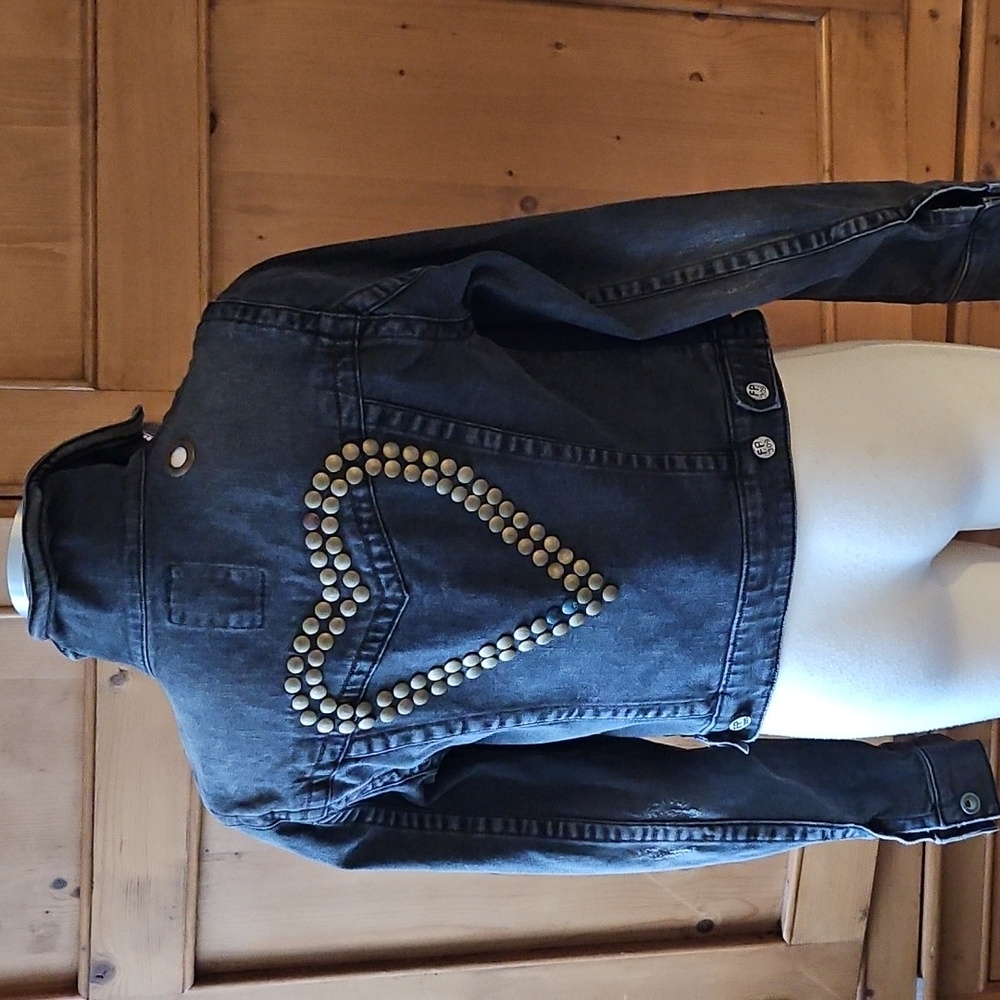 Vintage Free People Heart Studded Charcoal/Black Denim Jacket Size S